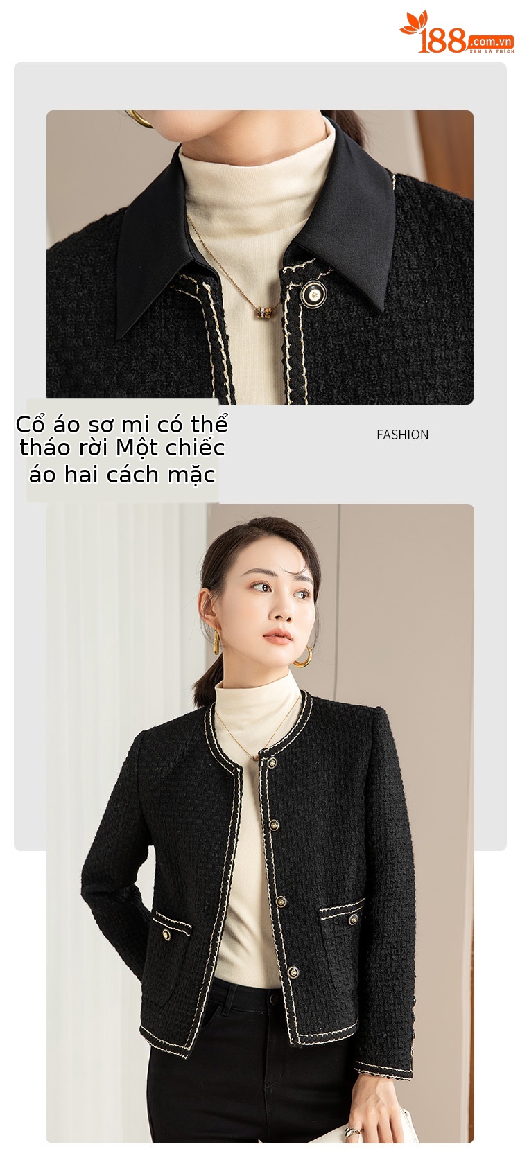 Áo khoác nữ dáng suông phối màu cổ điển tay dài mùa thu đông — Màu Đen (bao gồm cổ áo) chi tiết 3