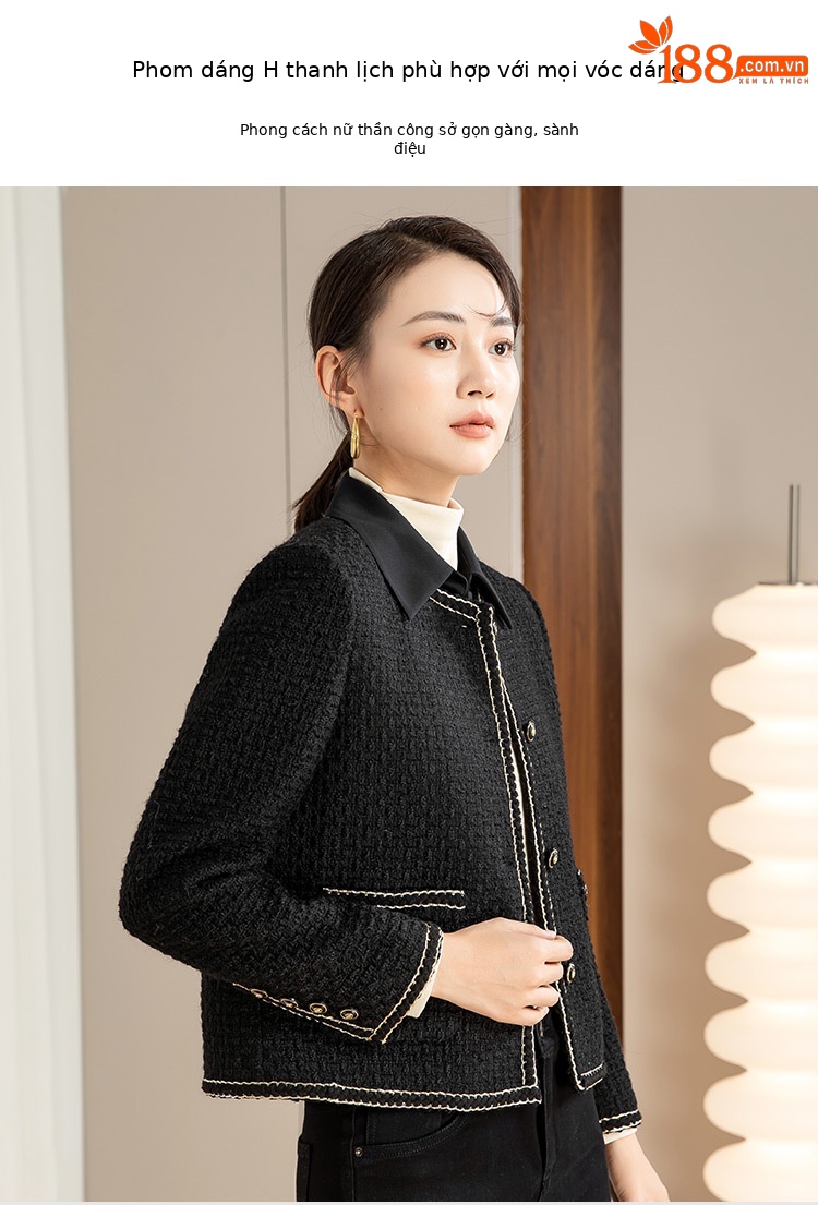 Áo khoác nữ dáng suông phối màu cổ điển tay dài mùa thu đông — Màu Đen (bao gồm cổ áo) chi tiết 4