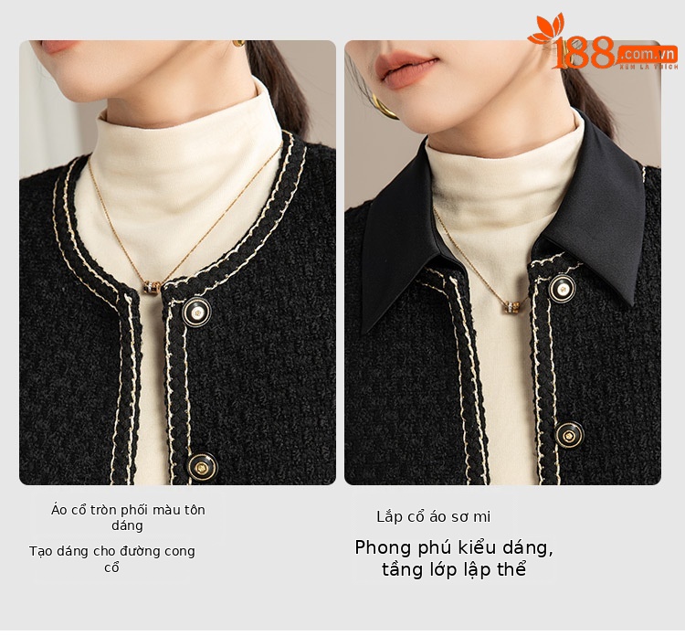 Áo khoác nữ dáng suông phối màu cổ điển tay dài mùa thu đông — Màu Đen (bao gồm cổ áo) chi tiết 5