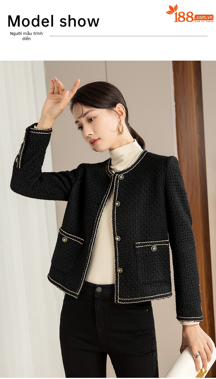 Áo khoác nữ dáng suông phối màu cổ điển tay dài mùa thu đông — Màu Đen (bao gồm cổ áo) chi tiết 7