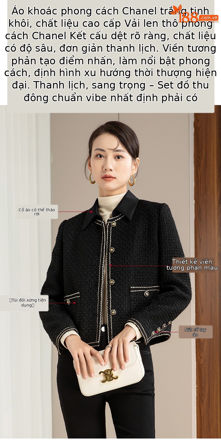 Áo khoác nữ dáng suông phối màu cổ điển tay dài mùa thu đông — Màu Đen (bao gồm cổ áo) chi tiết 2