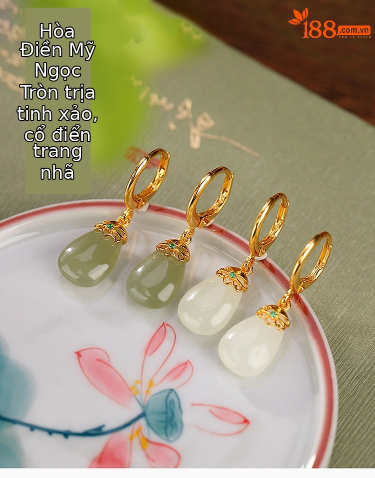 Khuyên tai dài giọt nước bạc S925 mạ vàng đính ngọc bích và sapphire — Kiểu Sapphire chi tiết 1
