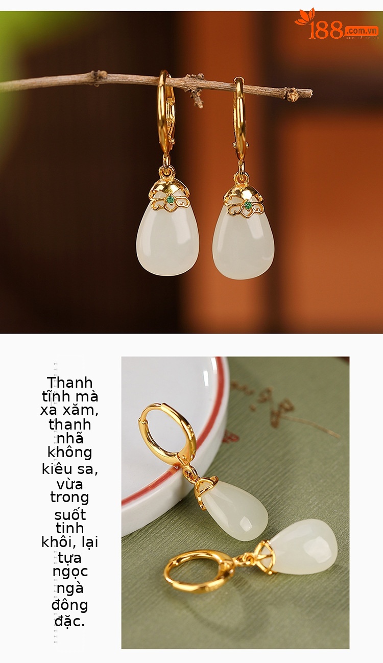 Khuyên tai dài giọt nước bạc S925 mạ vàng đính ngọc bích và sapphire — Kiểu Sapphire chi tiết 3