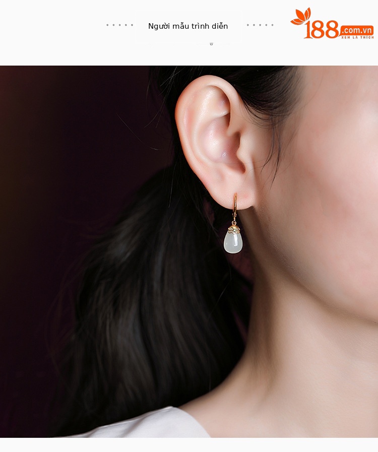 Khuyên tai dài giọt nước bạc S925 mạ vàng đính ngọc bích và sapphire — Kiểu Sapphire chi tiết 5
