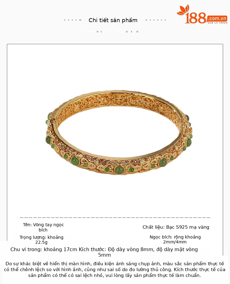 Vòng tay nữ hạt tròn bạc S925 mạ vàng kết hợp ngọc bích jasper phong cách retro — Kiểu mạ bạch kim chi tiết 2