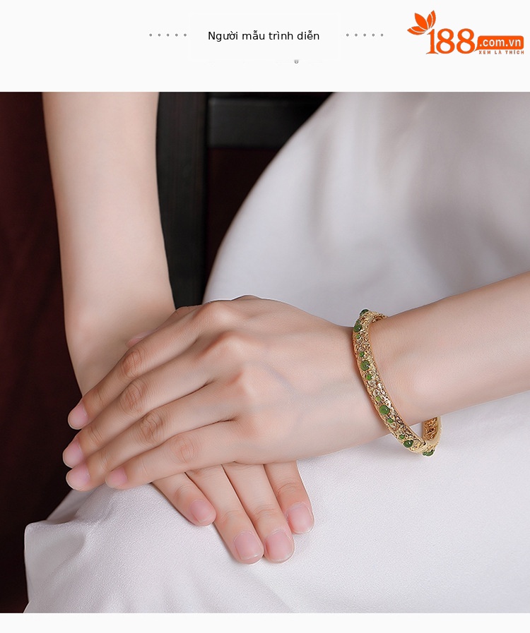 Vòng tay nữ hạt tròn bạc S925 mạ vàng kết hợp ngọc bích jasper phong cách retro — Kiểu mạ bạch kim chi tiết 5