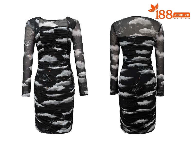 Đầm ôm body nữ cổ vuông chất lưới xếp ly in họa tiết phong cách Pháp — Màu đen chi tiết 2