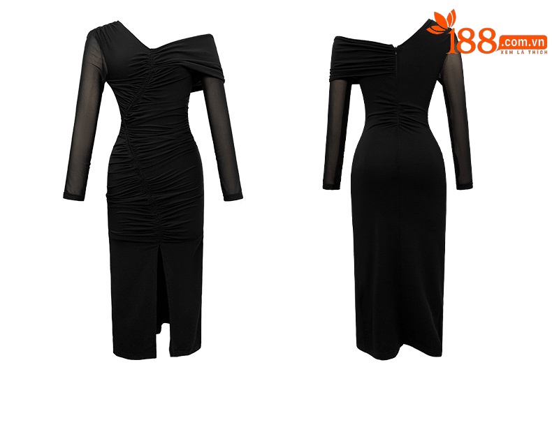 Đầm ôm body nữ trễ vai xếp ly che bụng xẻ tà — Màu đen chi tiết 4