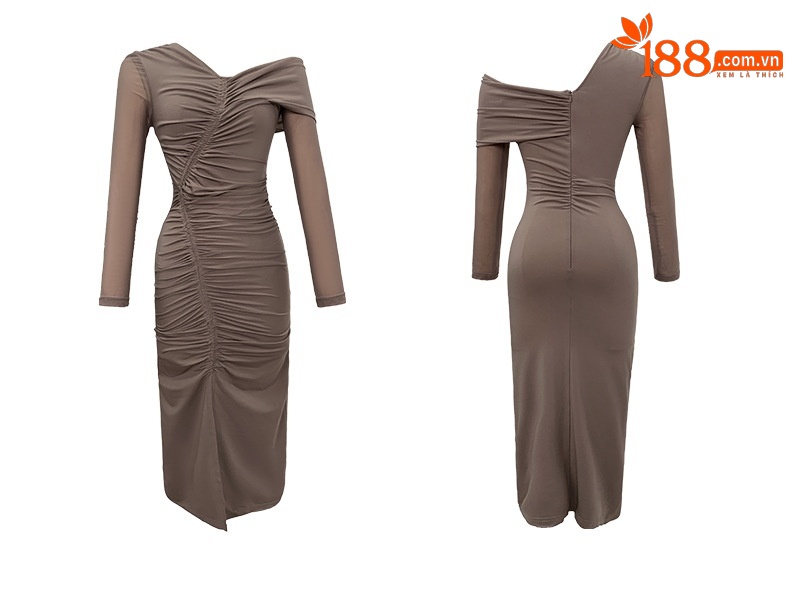 Đầm ôm body nữ trễ vai xếp ly che bụng xẻ tà — Màu đen chi tiết 5