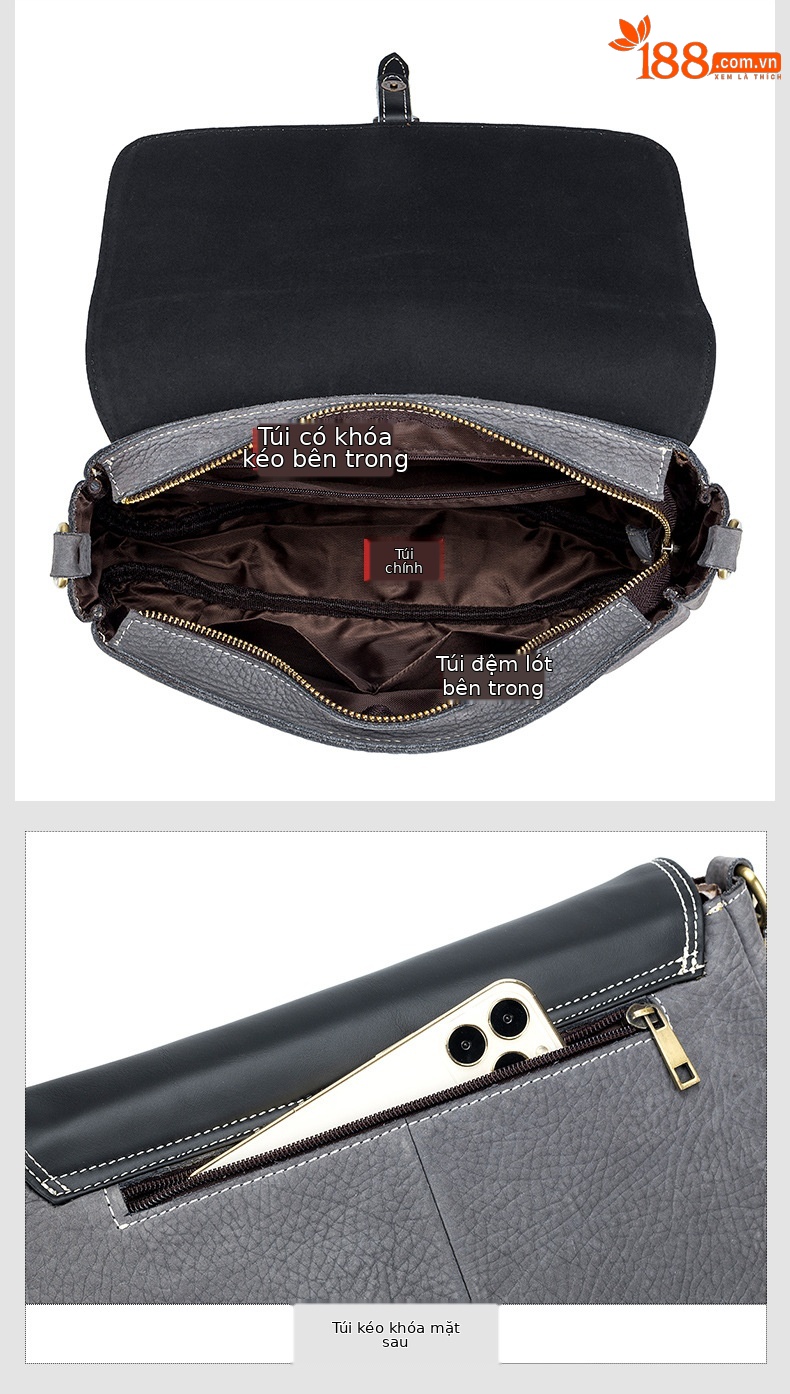Túi đeo chéo nam da bò lớp đầu tiên Shilaiton phiên bản ngang phối màu da thật — Màu xám chi tiết 5