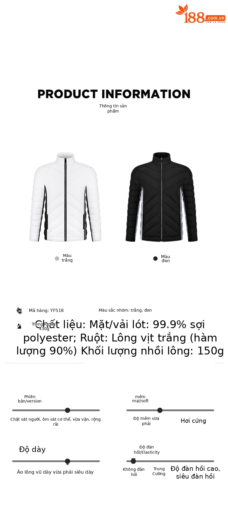 Áo khoác golf nam dài tay mùa đông lông vịt trắng dày thể thao cổ đứng — YF518-Áo khoác trắng, YF518-Áo khoác đen chi tiết 5