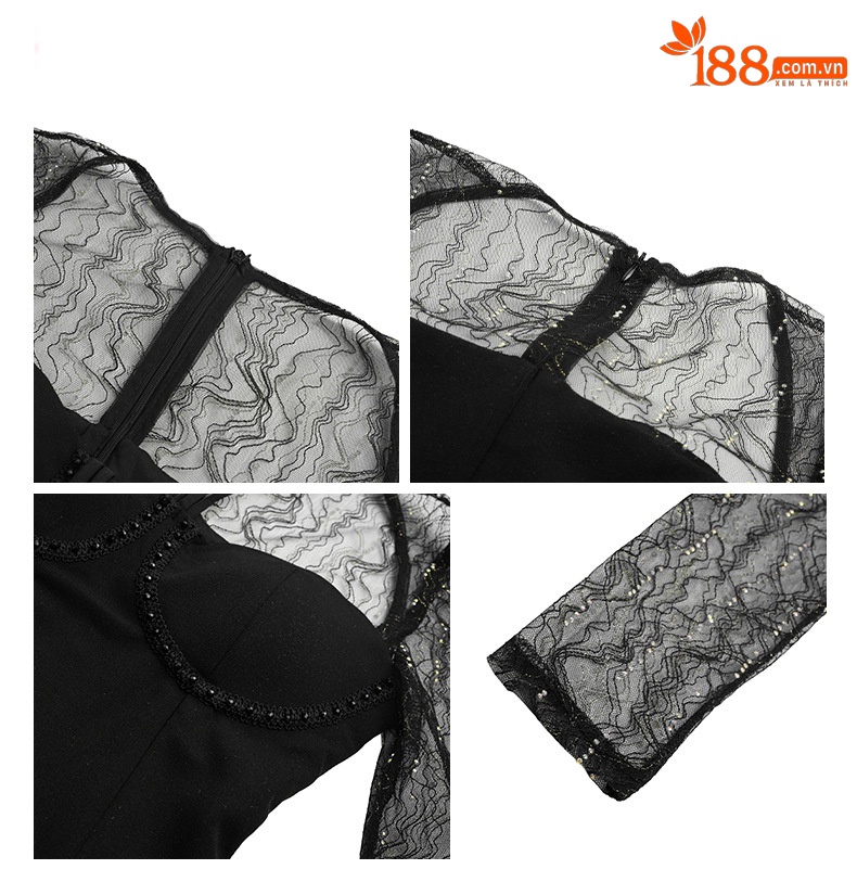 Đầm dài dáng ôm cổ halter phối lưới phong cách quý tộc — Màu đen chi tiết 2