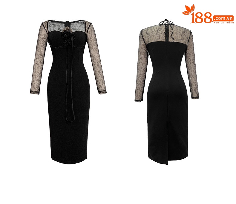 Đầm dài dáng ôm cổ halter phối lưới phong cách quý tộc — Màu đen chi tiết 3