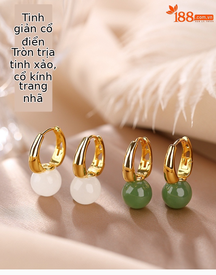 Bông tai bạc S925 mạ vàng đính đá jasper trắng hình trái tim rỗng — Kiểu ngọc trắng chi tiết 1