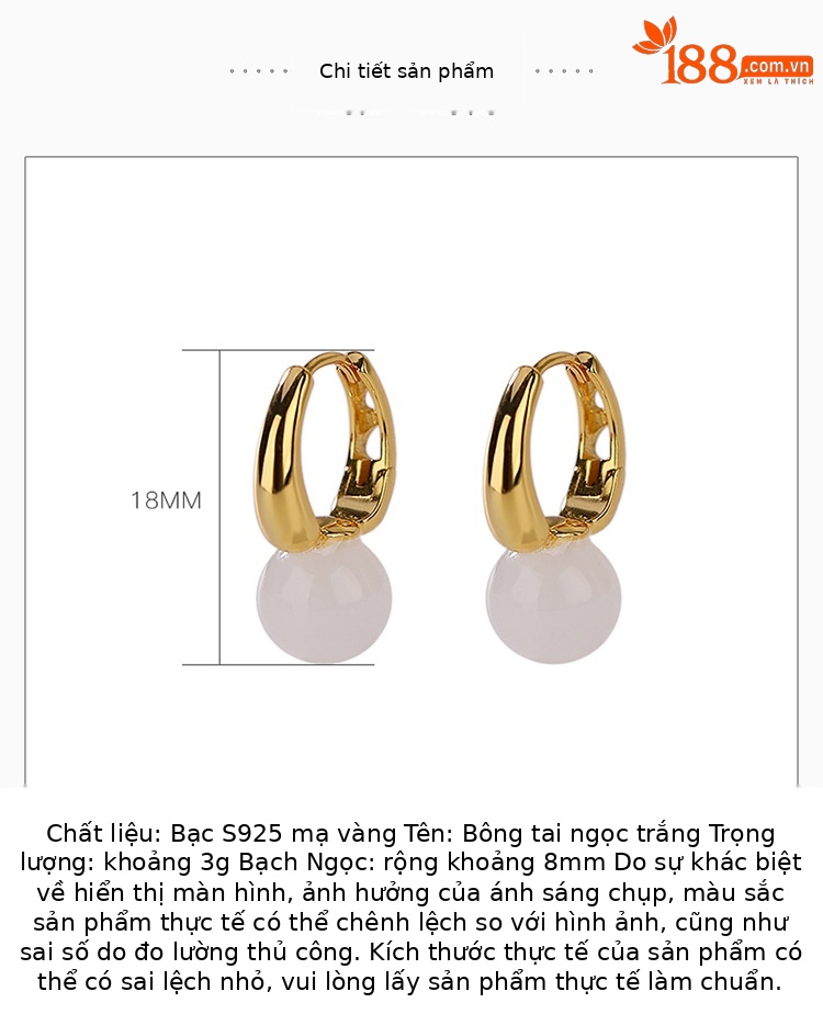 Bông tai bạc S925 mạ vàng đính đá jasper trắng hình trái tim rỗng — Kiểu ngọc trắng chi tiết 2