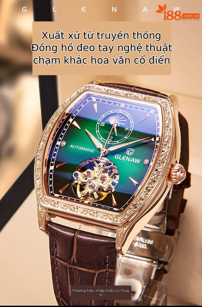 Đồng hồ cơ nam Glen tự động lộ máy mặt số dạng thùng, hiển thị tuần trăng, dạ quang, chống nước – 8168 — Mặt đen và da đen, Da cà phê mặt xanh lục chi tiết 1