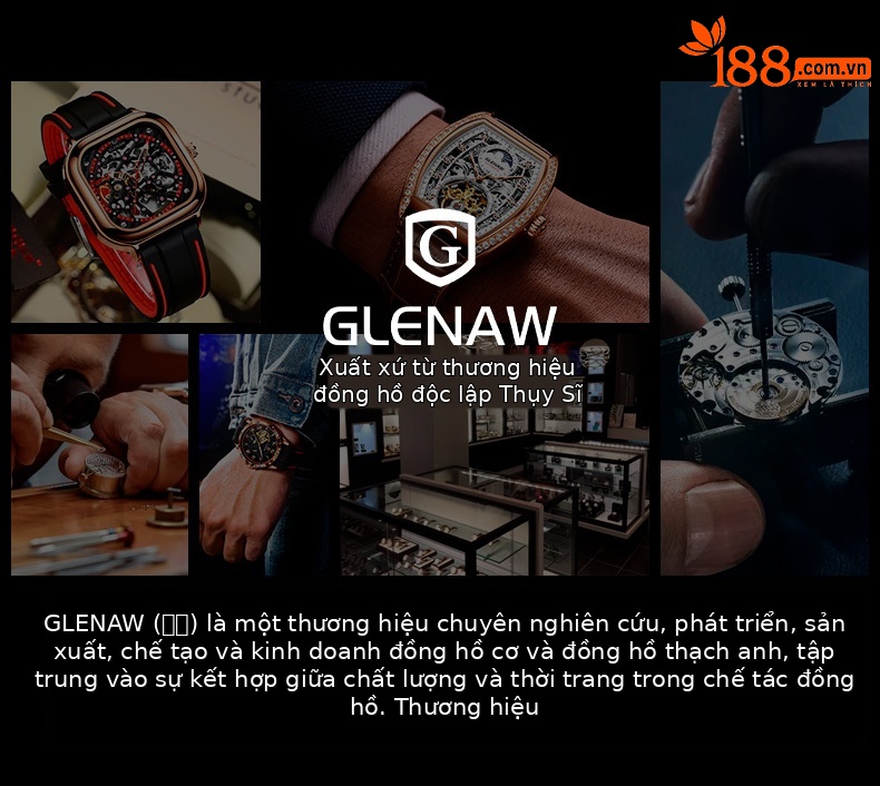 Đồng hồ cơ nam Glen tự động lộ máy mặt số dạng thùng, hiển thị tuần trăng, dạ quang, chống nước – 8168 — Mặt đen và da đen, Da cà phê mặt xanh lục chi tiết 2