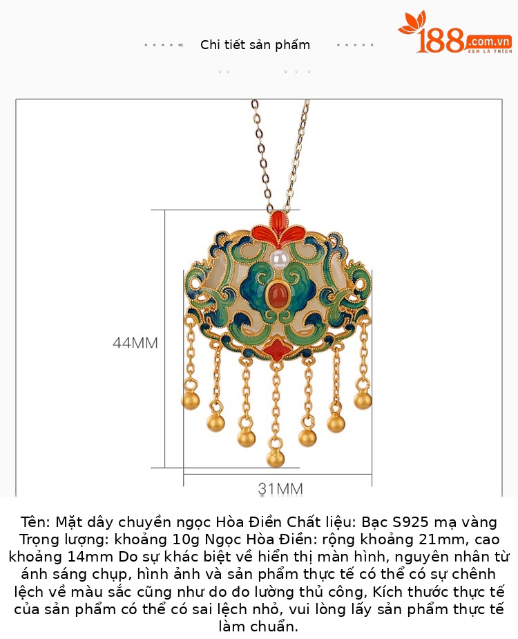 Mặt dây chuyền bạc S925 mạ vàng hình hươu bạc, ngọc bích Hòa Điền, tua rua, mây Ruyi may mắn — Phiên bản mạ bạch kim (không có chuỗi) chi tiết 3