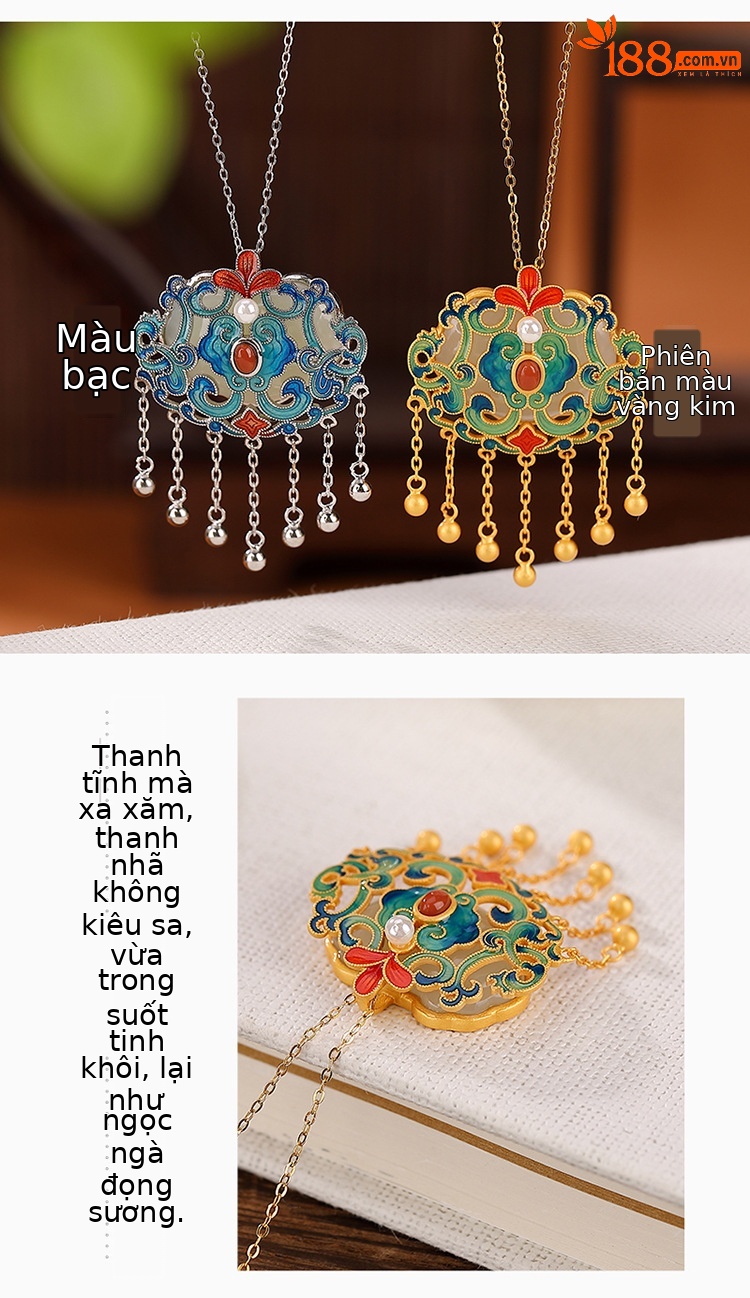 Mặt dây chuyền bạc S925 mạ vàng hình hươu bạc, ngọc bích Hòa Điền, tua rua, mây Ruyi may mắn — Phiên bản mạ bạch kim (không có chuỗi) chi tiết 4