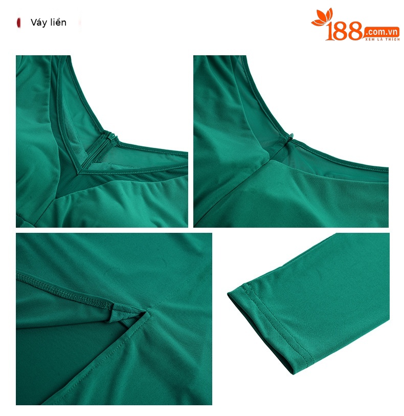 Đầm suông nữ dáng dài qua gối ôm nhẹ kiểu mới — Màu xanh lá chi tiết 2