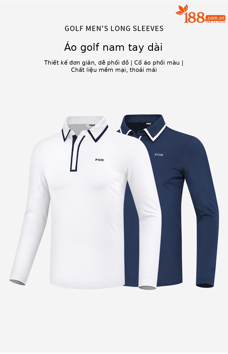 Áo thun dài tay golf nam PGM cổ polo, chất liệu co giãn thoải mái — YF526-màu trắng, YF526-màu xanh nước biển chi tiết 2