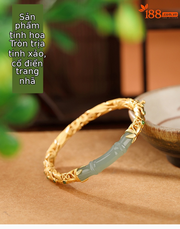 Vòng tay bạc S925 mạ vàng chạm khắc họa tiết mây lành Ruyi lá tre — Kiểu mạ bạch kim chi tiết 2