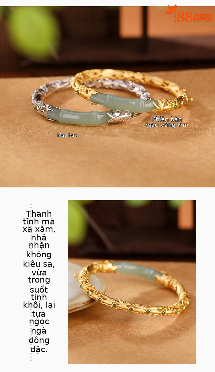 Vòng tay bạc S925 mạ vàng chạm khắc họa tiết mây lành Ruyi lá tre — Kiểu mạ bạch kim chi tiết 4