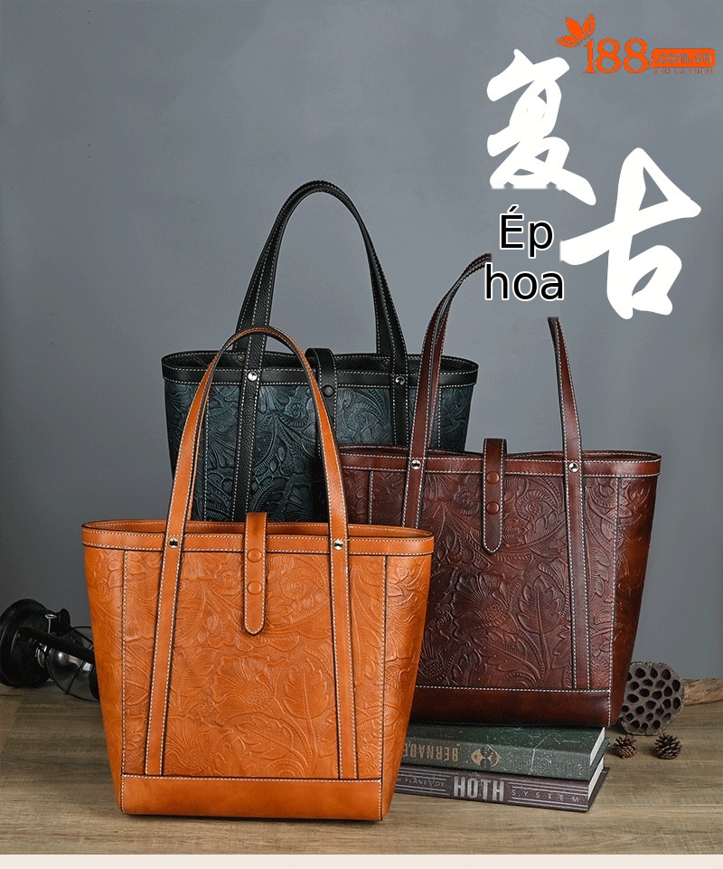 Túi Tote Da bò cao cấp cổ điển, đeo vai cầm tay, sức chứa lớn — Vàng cổ điển, Nâu cổ điển, Xanh lam cổ điển chi tiết 1