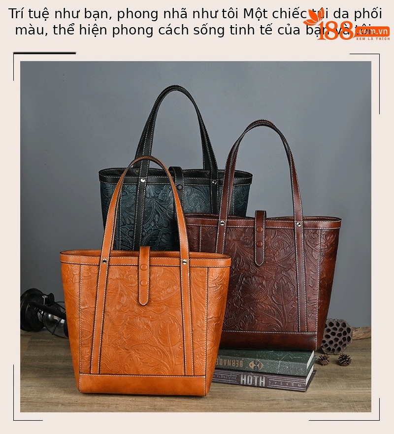 Túi Tote Da bò cao cấp cổ điển, đeo vai cầm tay, sức chứa lớn — Vàng cổ điển, Nâu cổ điển, Xanh lam cổ điển chi tiết 6