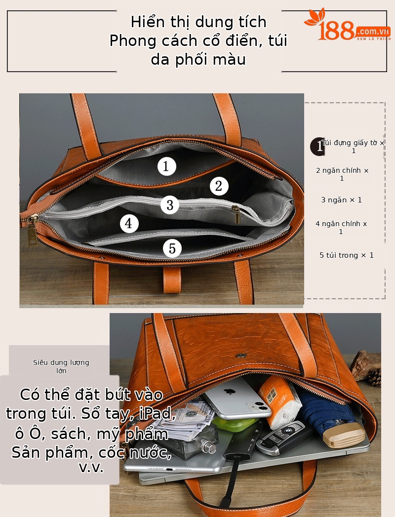 Túi Tote Da bò cao cấp cổ điển, đeo vai cầm tay, sức chứa lớn — Vàng cổ điển, Nâu cổ điển, Xanh lam cổ điển chi tiết 7