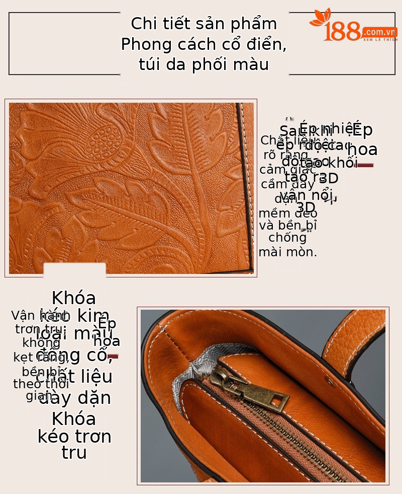 Túi Tote Da bò cao cấp cổ điển, đeo vai cầm tay, sức chứa lớn — Vàng cổ điển, Nâu cổ điển, Xanh lam cổ điển chi tiết 11