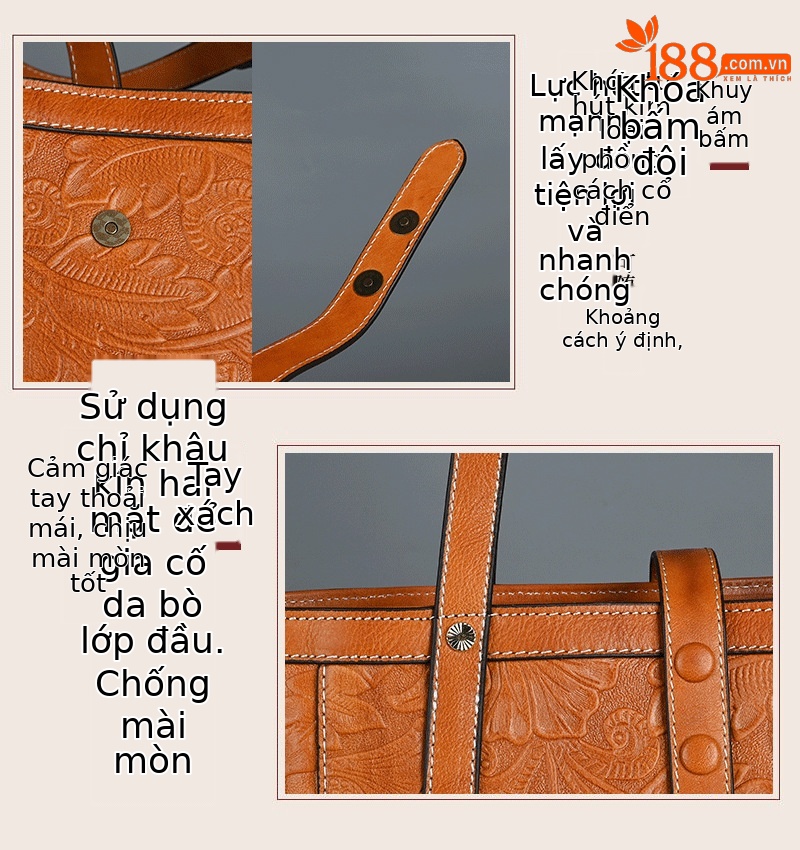 Túi Tote Da bò cao cấp cổ điển, đeo vai cầm tay, sức chứa lớn — Vàng cổ điển, Nâu cổ điển, Xanh lam cổ điển chi tiết 12