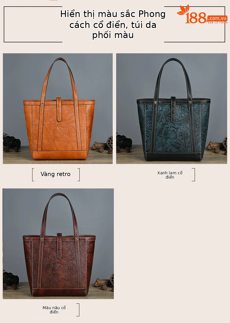 Túi Tote Da bò cao cấp cổ điển, đeo vai cầm tay, sức chứa lớn — Vàng cổ điển, Nâu cổ điển, Xanh lam cổ điển chi tiết 5