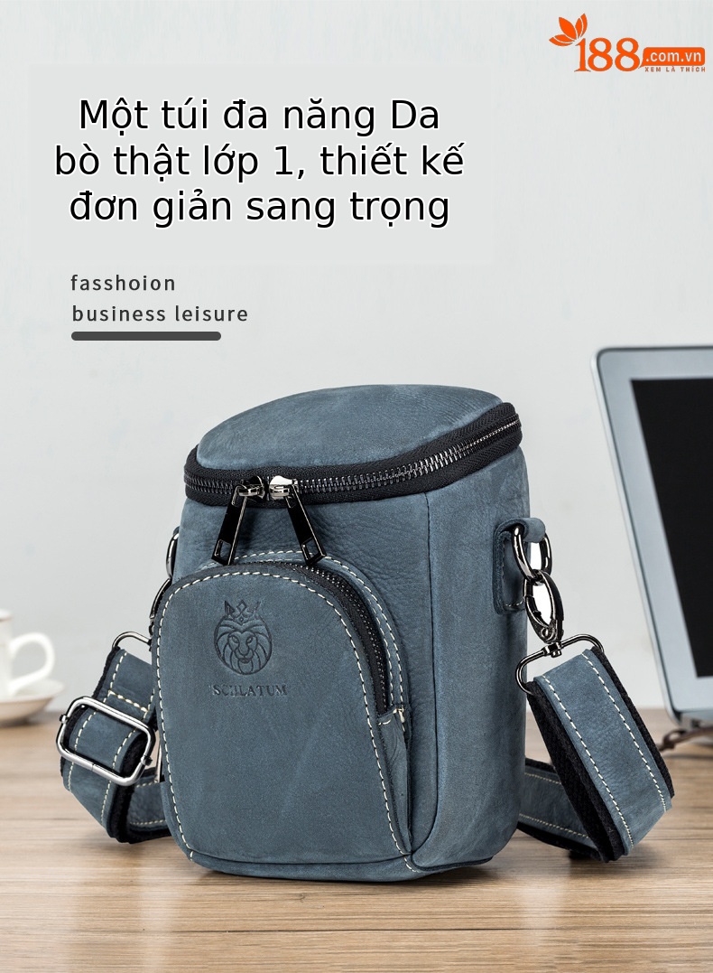 Túi đeo chéo nam da bò thật đa năng, kiểu dáng cổ điển, đựng điện thoại và iPad — Màu nâu vàng, Màu xanh lam chi tiết 2