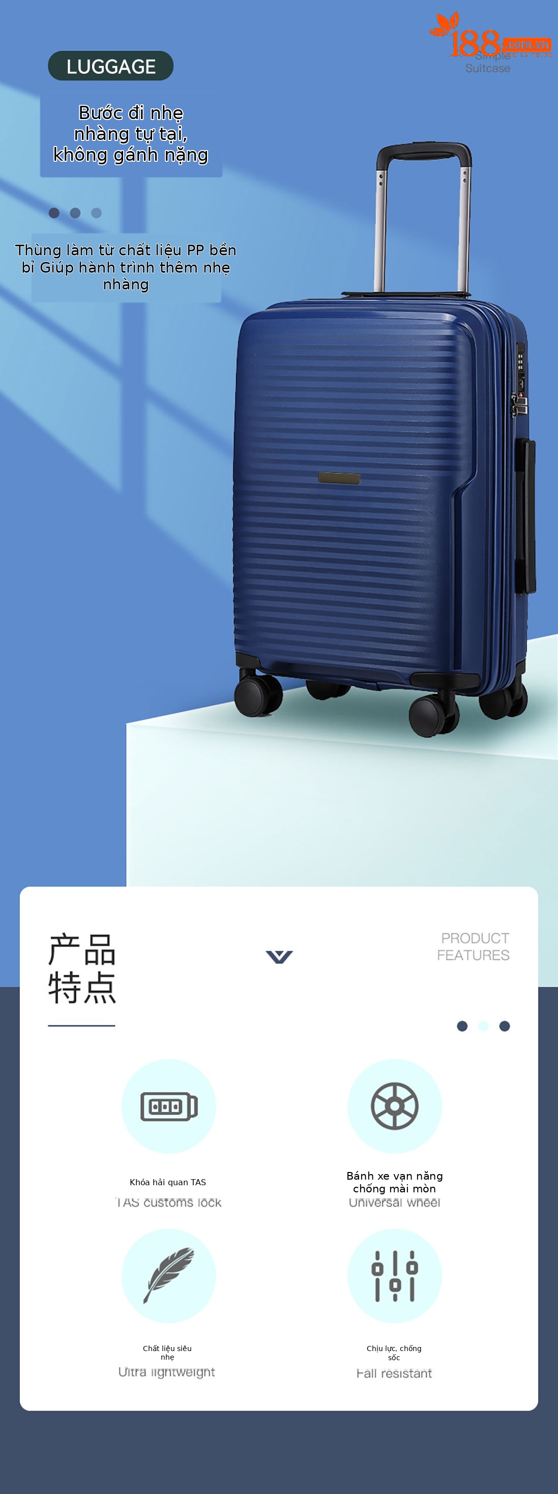 Bộ ba vali du lịch Quảng Châu 20-24-28 inch, vali xách tay bánh xe đa năng, vali da mở rộng khóa TSA — Màu đen, Màu xanh đậm, Màu xám chi tiết 1