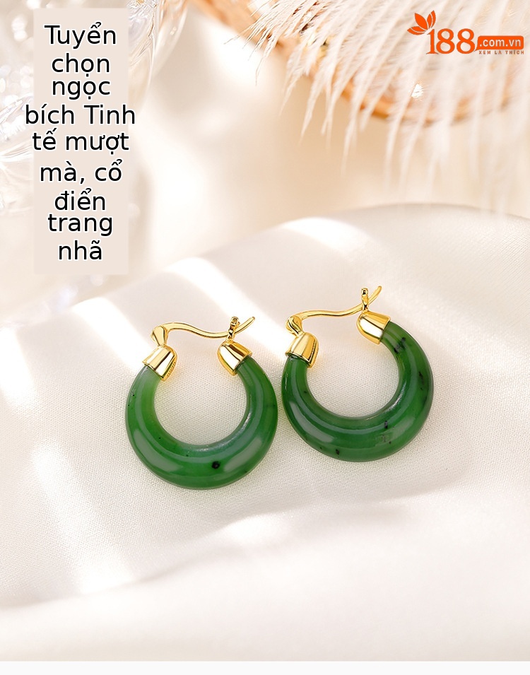 Khuyên tai nữ bạc S925 mạ vàng đính ngọc bích jasper hình mặt trăng cong — Kiểu sapphire chi tiết 1