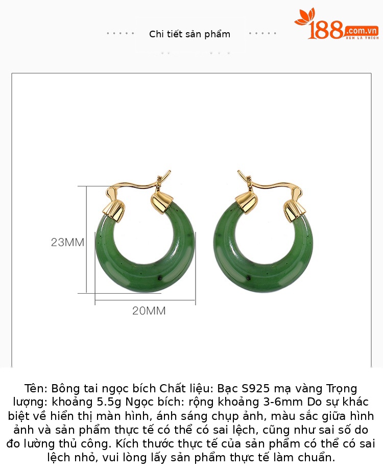 Khuyên tai nữ bạc S925 mạ vàng đính ngọc bích jasper hình mặt trăng cong — Kiểu sapphire chi tiết 2