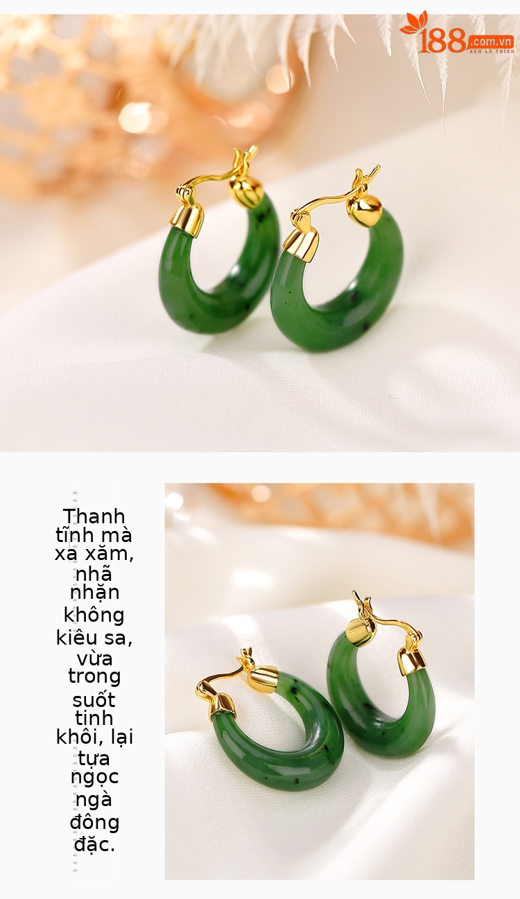 Khuyên tai nữ bạc S925 mạ vàng đính ngọc bích jasper hình mặt trăng cong — Kiểu sapphire chi tiết 3