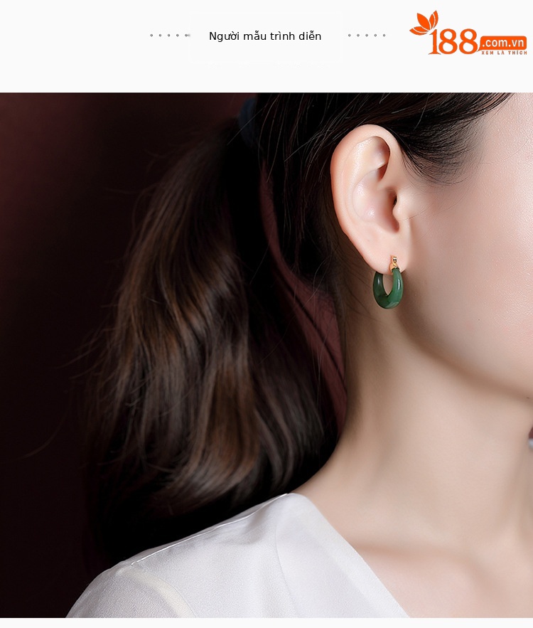 Khuyên tai nữ bạc S925 mạ vàng đính ngọc bích jasper hình mặt trăng cong — Kiểu sapphire chi tiết 4