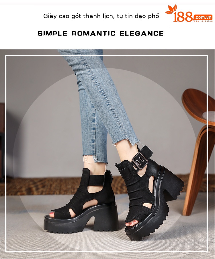 Sandal nữ gót thô miệng cá đế chống nước, tăng chiều cao 10 cm — Màu đen chi tiết 2
