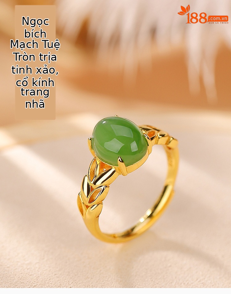 Nhẫn nữ bạc S925 mạ vàng đính ngọc bích jasper phong cách retro họa tiết vườn lúa mì — Kiểu mạ bạch kim chi tiết 1