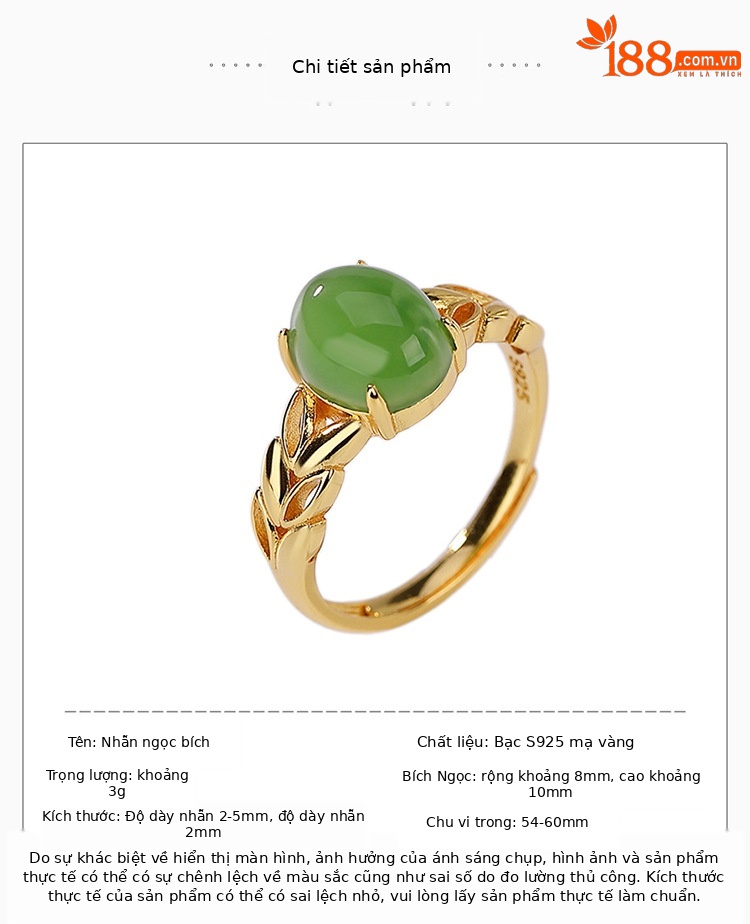Nhẫn nữ bạc S925 mạ vàng đính ngọc bích jasper phong cách retro họa tiết vườn lúa mì — Kiểu mạ bạch kim chi tiết 2