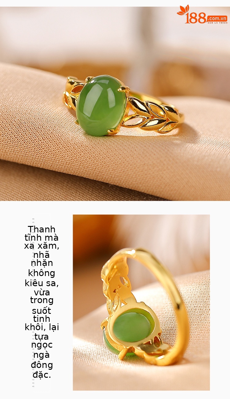 Nhẫn nữ bạc S925 mạ vàng đính ngọc bích jasper phong cách retro họa tiết vườn lúa mì — Kiểu mạ bạch kim chi tiết 3