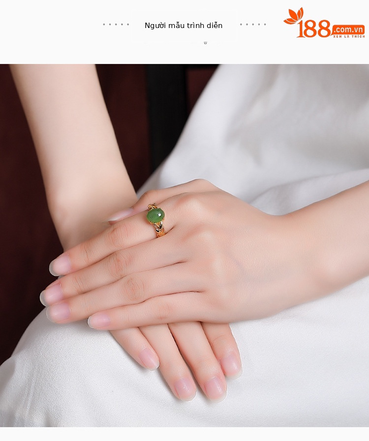 Nhẫn nữ bạc S925 mạ vàng đính ngọc bích jasper phong cách retro họa tiết vườn lúa mì — Kiểu mạ bạch kim chi tiết 5