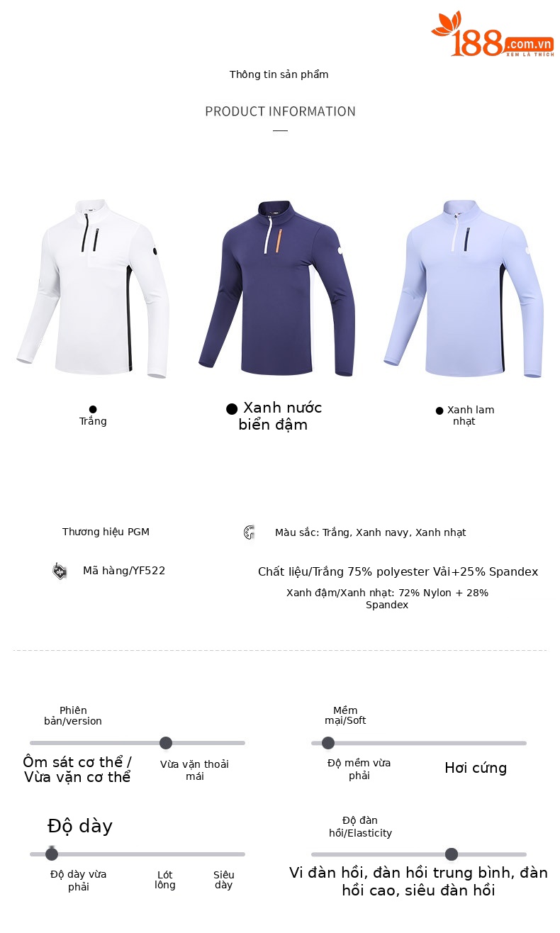 Áo thun golf nam dài tay cổ đứng PGM thiết kế thể thao — YF522-Màu xanh nhạt, YF522-màu xanh nước biển, YF522-màu trắng chi tiết 7