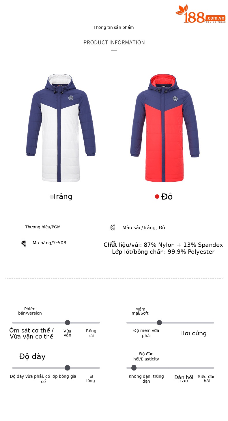 Áo khoác golf trẻ em PGM dáng dài lót bông giữ ấm, phối màu thời trang — YF508-màu đỏ, YF508-màu trắng chi tiết 4
