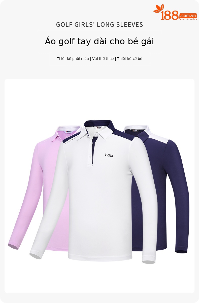 Áo thun golf dài tay bé gái PGM cổ bẻ phối sọc — YF219 màu hồng, YF548-màu trắng, YF219 màu trắng, YF548-màu xanh nước biển chi tiết 2