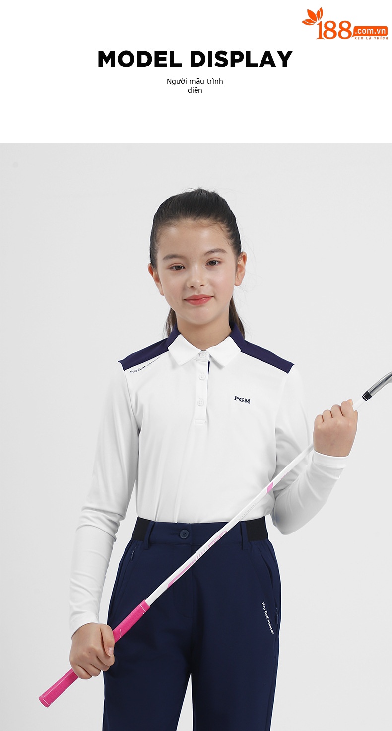 Áo thun golf dài tay bé gái PGM cổ bẻ phối sọc — YF219 màu hồng, YF548-màu trắng, YF219 màu trắng, YF548-màu xanh nước biển chi tiết 5