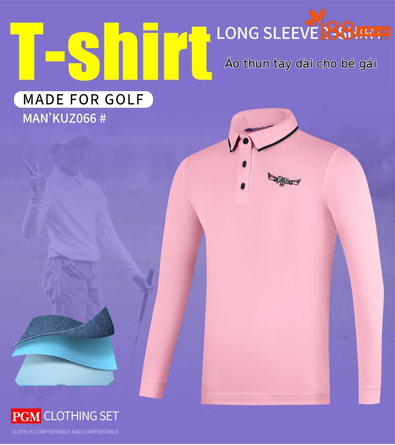 Áo thun golf dài tay bé gái PGM cổ bẻ phối sọc — YF219 màu hồng, YF548-màu trắng, YF219 màu trắng, YF548-màu xanh nước biển chi tiết 28