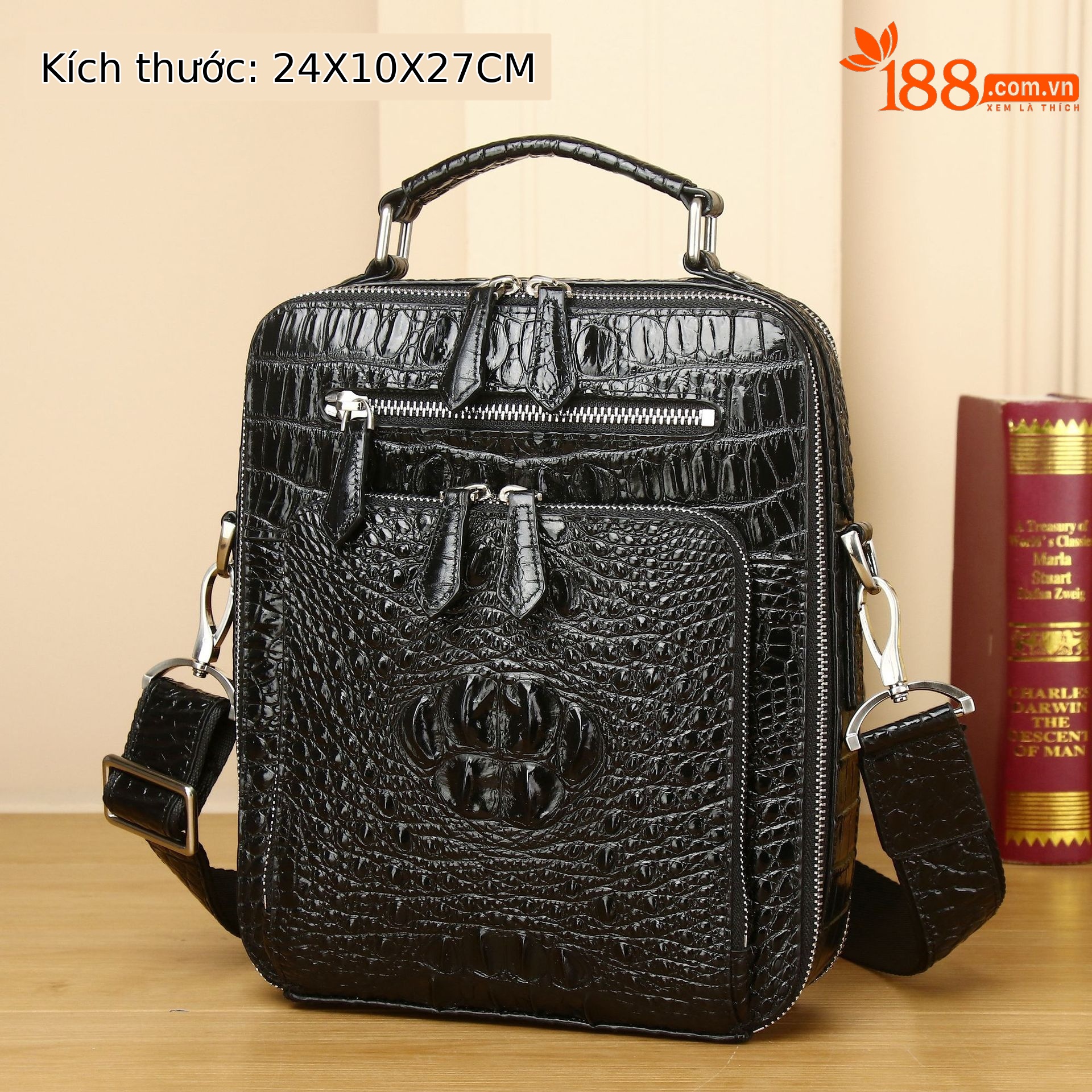 Túi đeo chéo nam họa tiết xương cá sấu cổ điển, dáng đứng, tay xách kiêm đeo chéo, phong cách công sở cao cấp